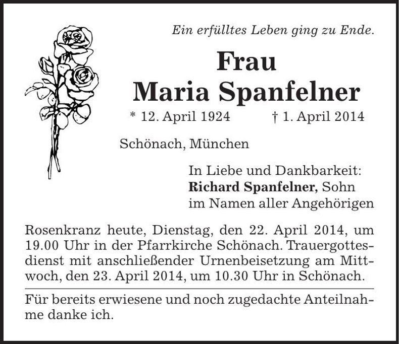 Traueranzeige Maria Spanfelner