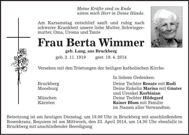 Traueranzeige Berta Wimmer