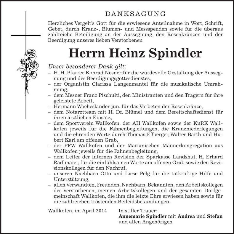 Traueranzeige Heinz Spindler