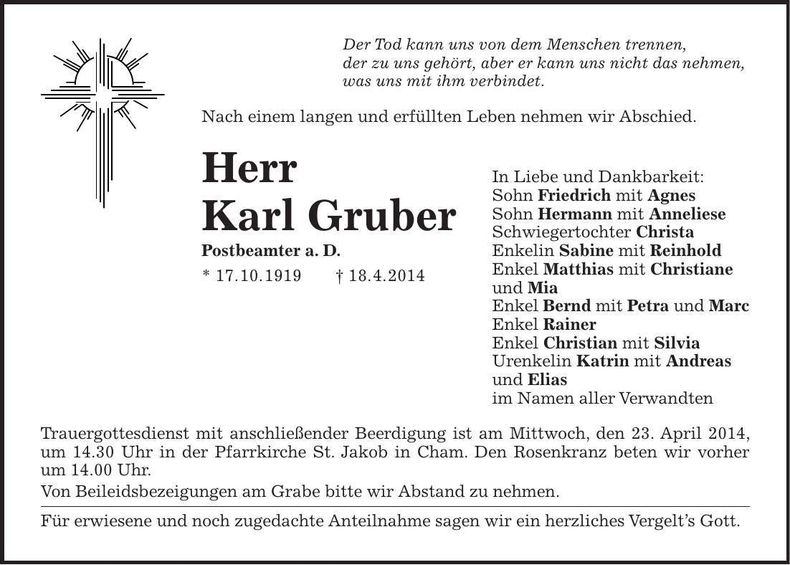 Traueranzeige Karl Gruber