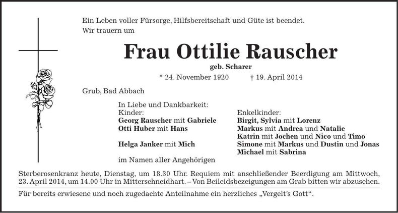 Traueranzeige Ottilie Rauscher