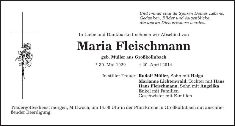 Traueranzeige Maria Fleischmann