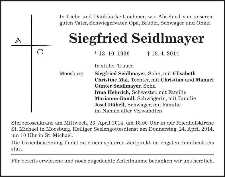 Traueranzeige Siegfried Seidlmayr