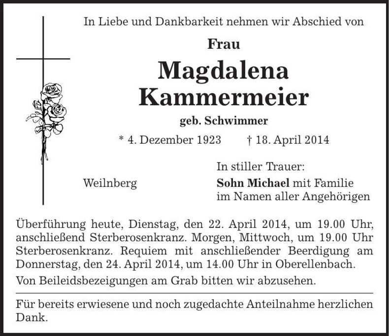 Traueranzeige Magdalena Kammermeier