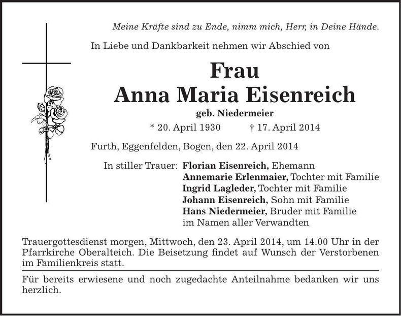Traueranzeige Anna Maria Eisenreich