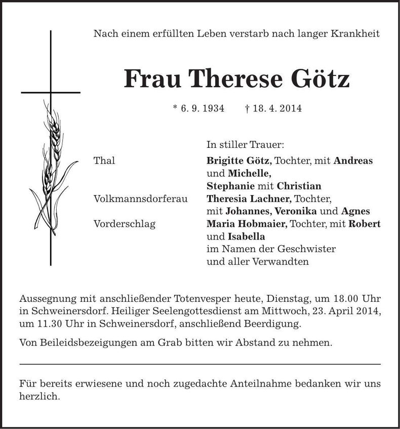 Traueranzeige Therese Götz