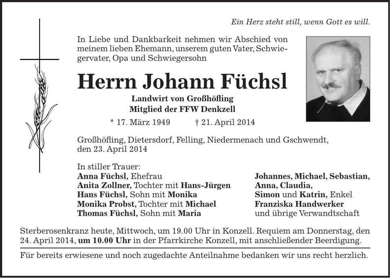 Traueranzeige Johann Füchsl