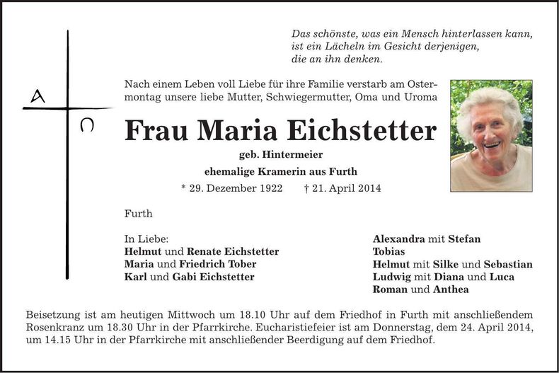 Traueranzeige Maria Eichstetter