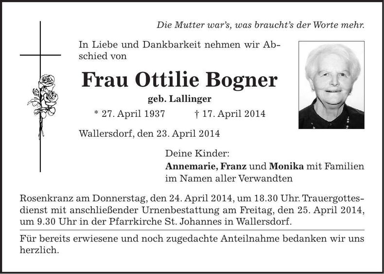 Traueranzeige Ottilie Bogner