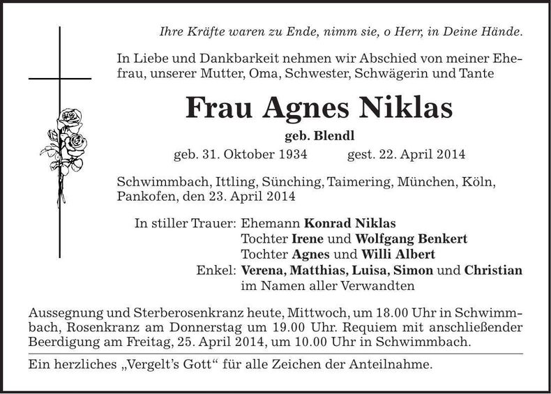 Traueranzeige Agnes Niklas