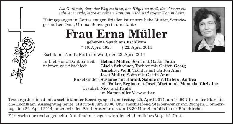 Traueranzeige Erna Müller