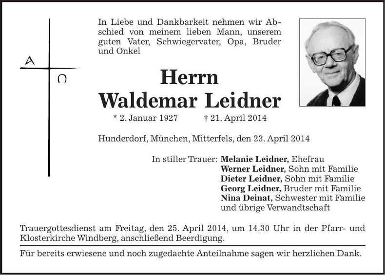 Traueranzeige Waldemar Leidner