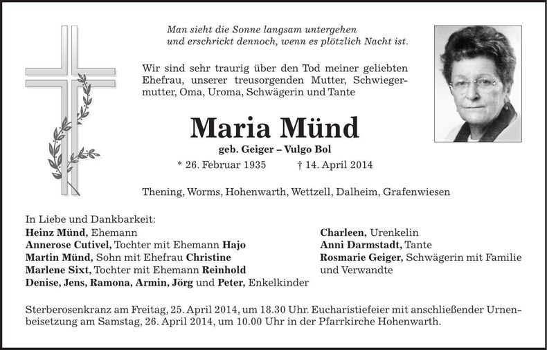 Traueranzeige Maria Münd