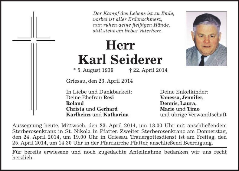 Traueranzeige Karl Seiderer