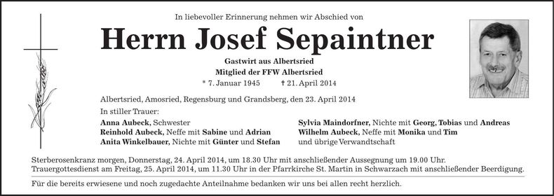 Traueranzeige Josef Sepaintner