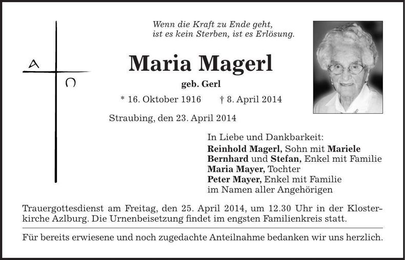 Traueranzeige Maria Magerl
