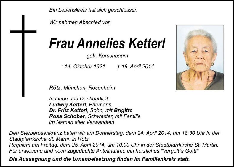 Traueranzeige Annelies Ketterl