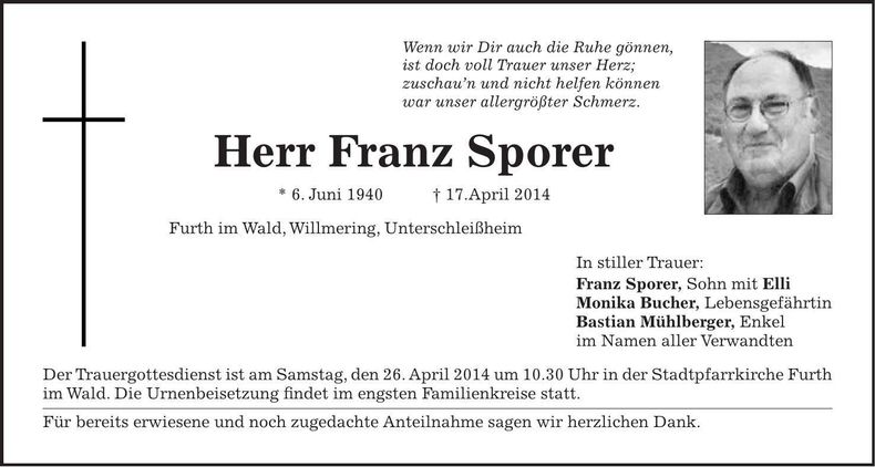 Traueranzeige Franz Sporer