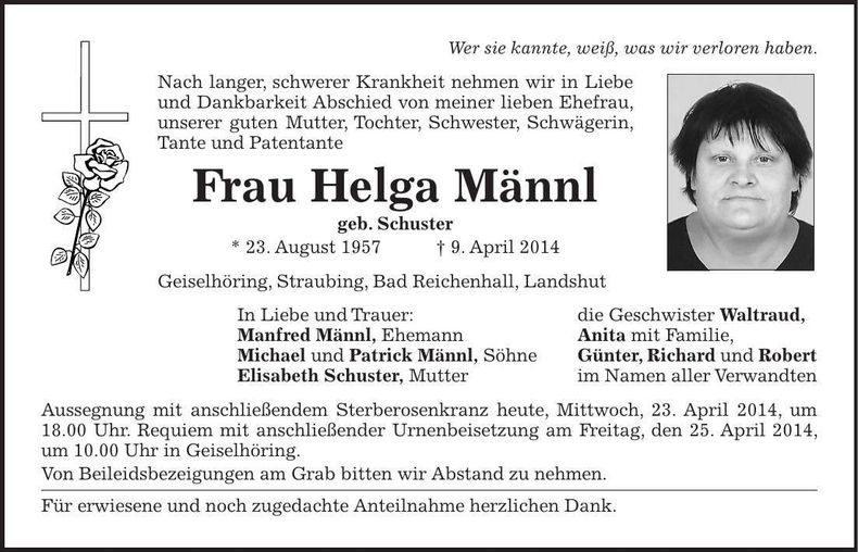 Traueranzeige Helga Männl
