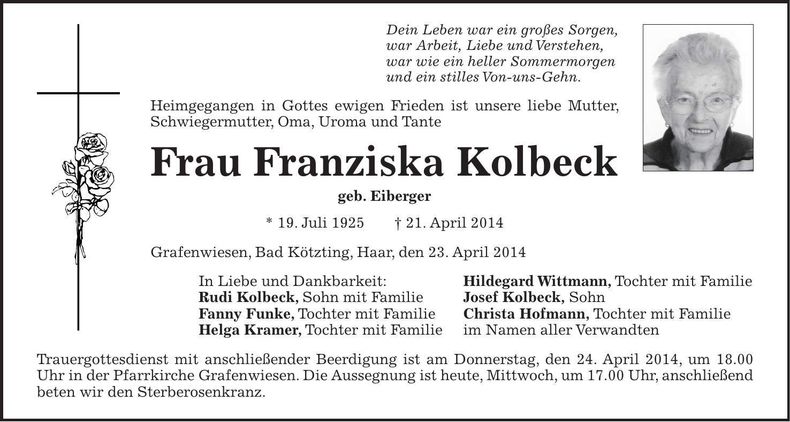 Traueranzeige Franziska Kolbeck