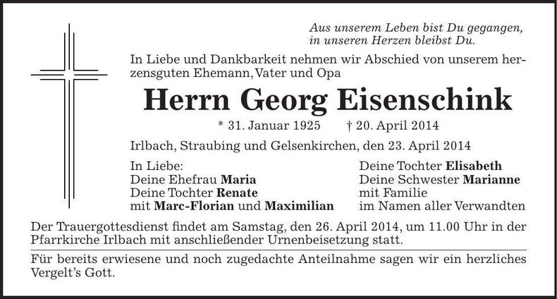 Traueranzeige Georg Eisenschink