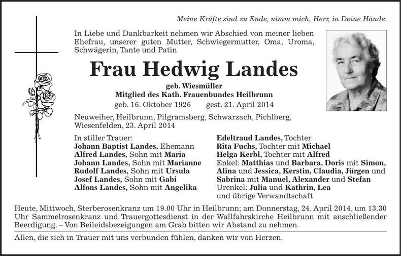 Traueranzeige Hedwig Landes
