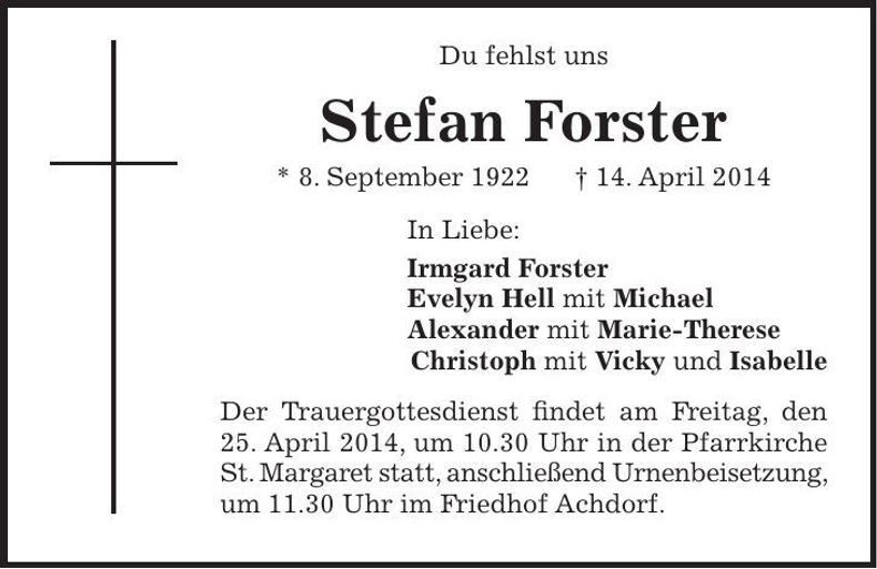 Traueranzeige Stefan Forster