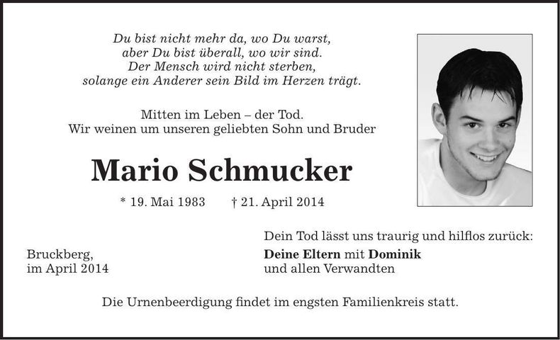 Traueranzeige Mario Schmucker
