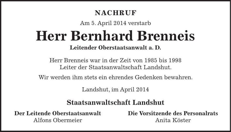 Traueranzeige Bernhard Brenneis