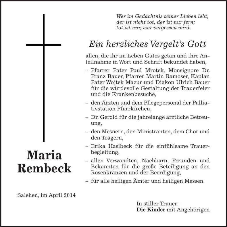 Traueranzeige Maria Rembeck