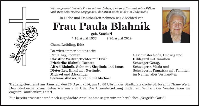 Traueranzeige Paula Blahnik