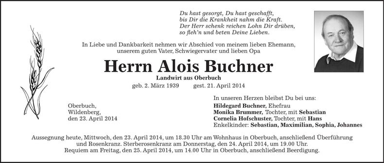 Traueranzeige Alois Buchner
