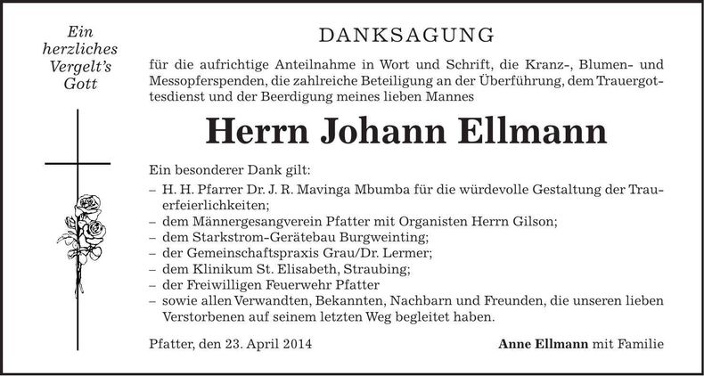 Traueranzeige Johann Ellmann