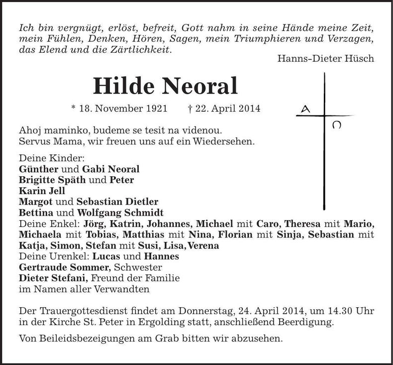 Traueranzeige Hilde Neoral