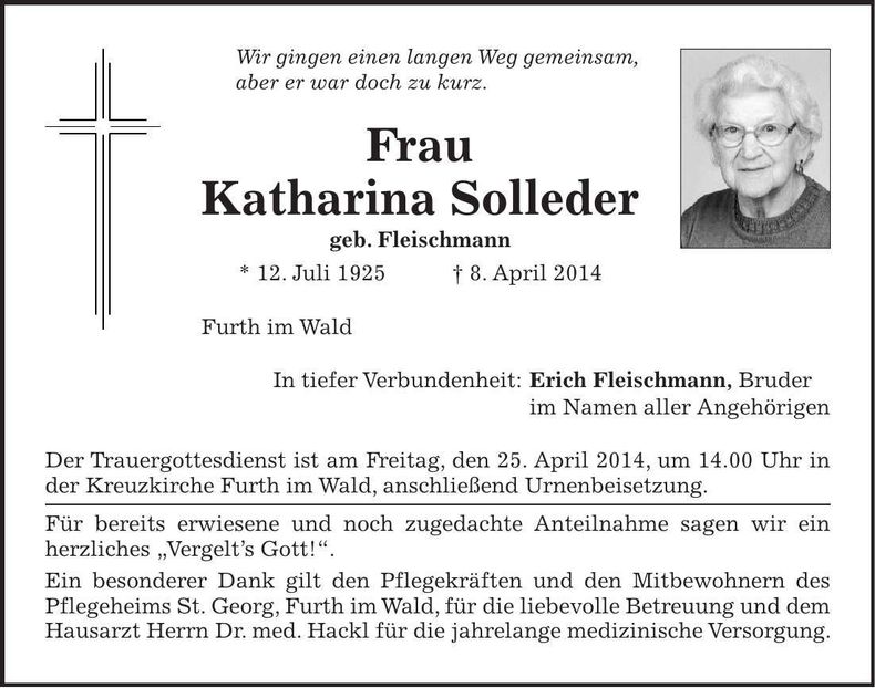 Traueranzeige Katharina Solleder