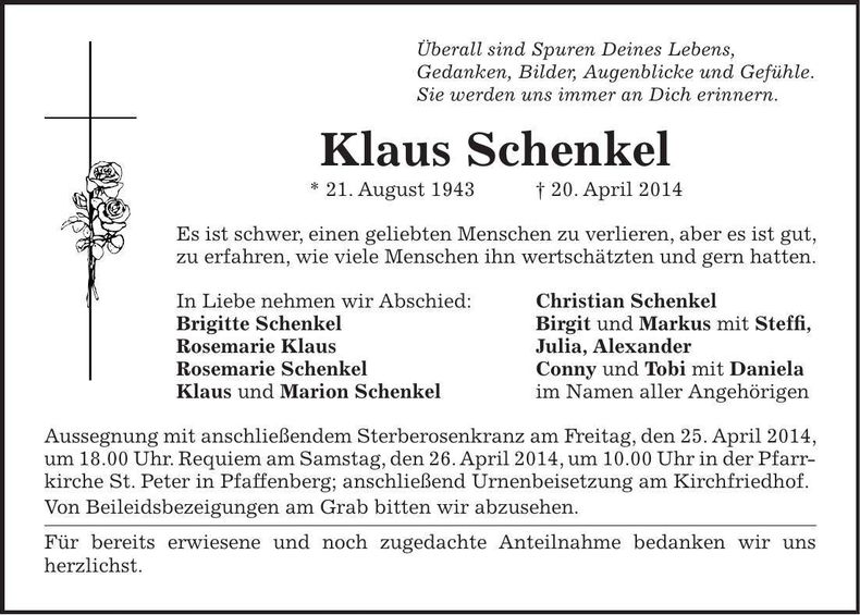 Traueranzeige Klaus Schenkel