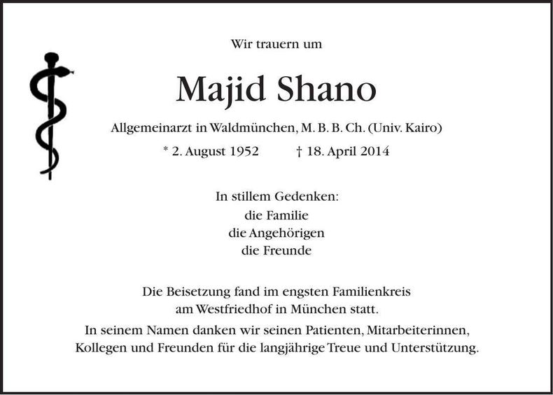 Traueranzeige Majid Shano