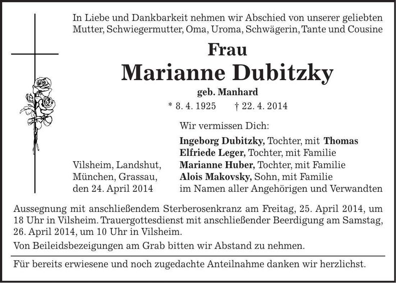 Traueranzeige Marianne Dubitzky
