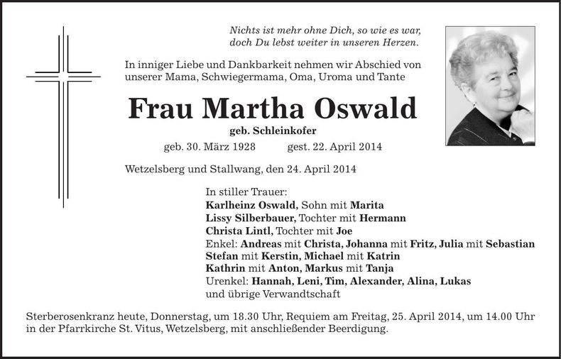 Traueranzeige Martha Oswald