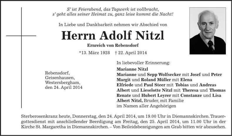 Traueranzeige Adolf Nitzl