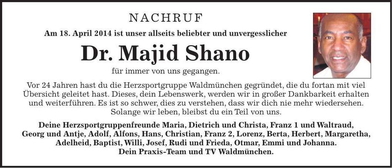 Traueranzeige Majid Dr. Shano