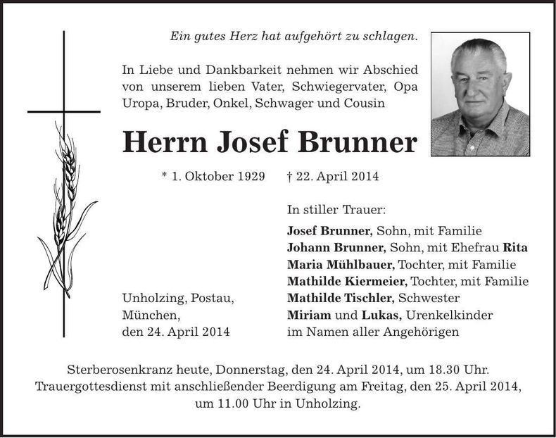 Traueranzeige Josef Brunner