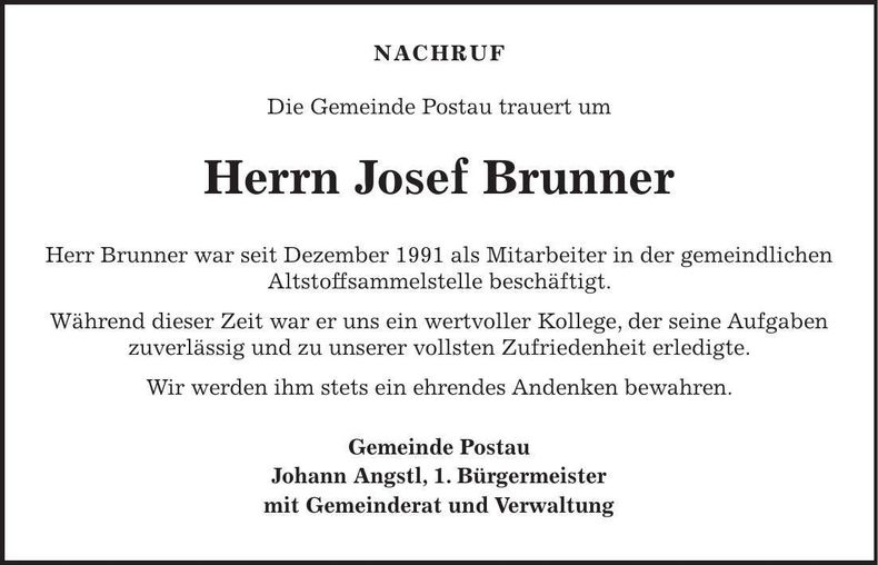 Traueranzeige Josef Brunner