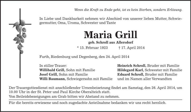 Traueranzeige Maria Grill