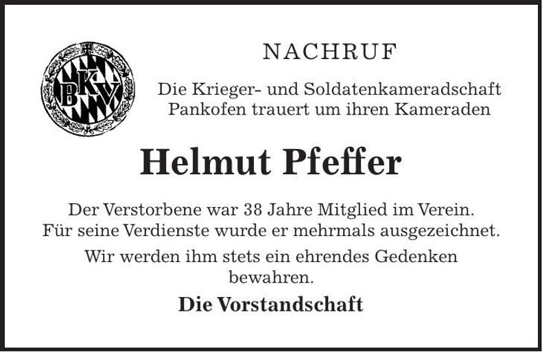 Traueranzeige Helmut Pfeffer
