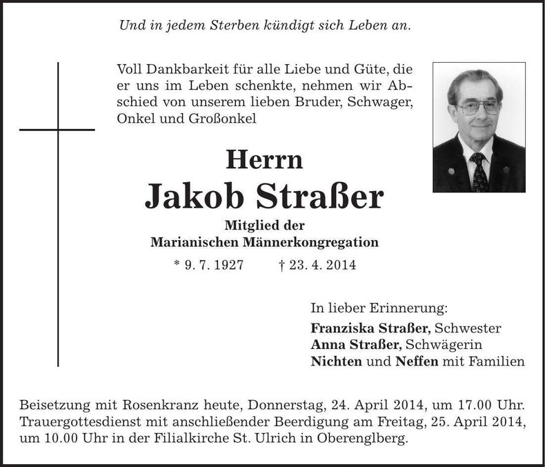Traueranzeige Jakob Straßer
