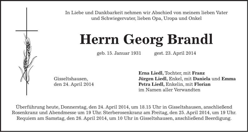 Traueranzeige Georg Brandl