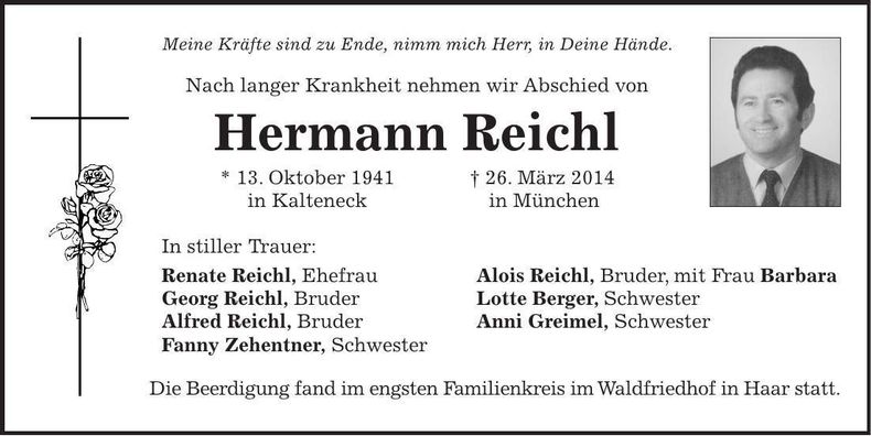 Traueranzeige Hermann Reichl