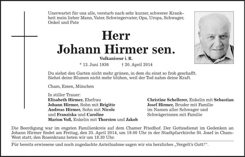 Traueranzeige Johann Hirmer sen.