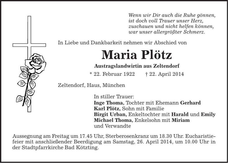 Traueranzeige Maria Plötz